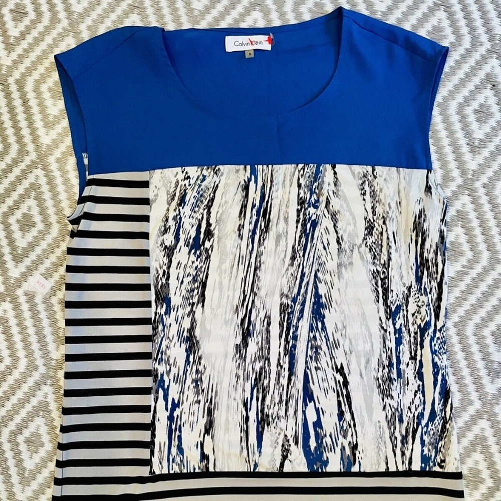 Calvin Klein Women’s Sleeveless Blue Black & White Color Block Blouse Sz Small